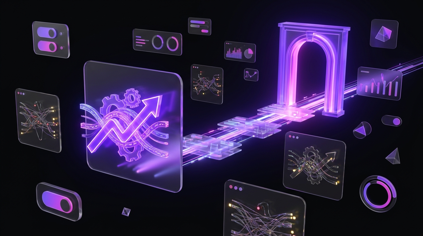 Dark 3D scene of floating holographic interface cards lit in violet neon for "Debunking Myths: Why MomentIQ's AI Approach is Different"