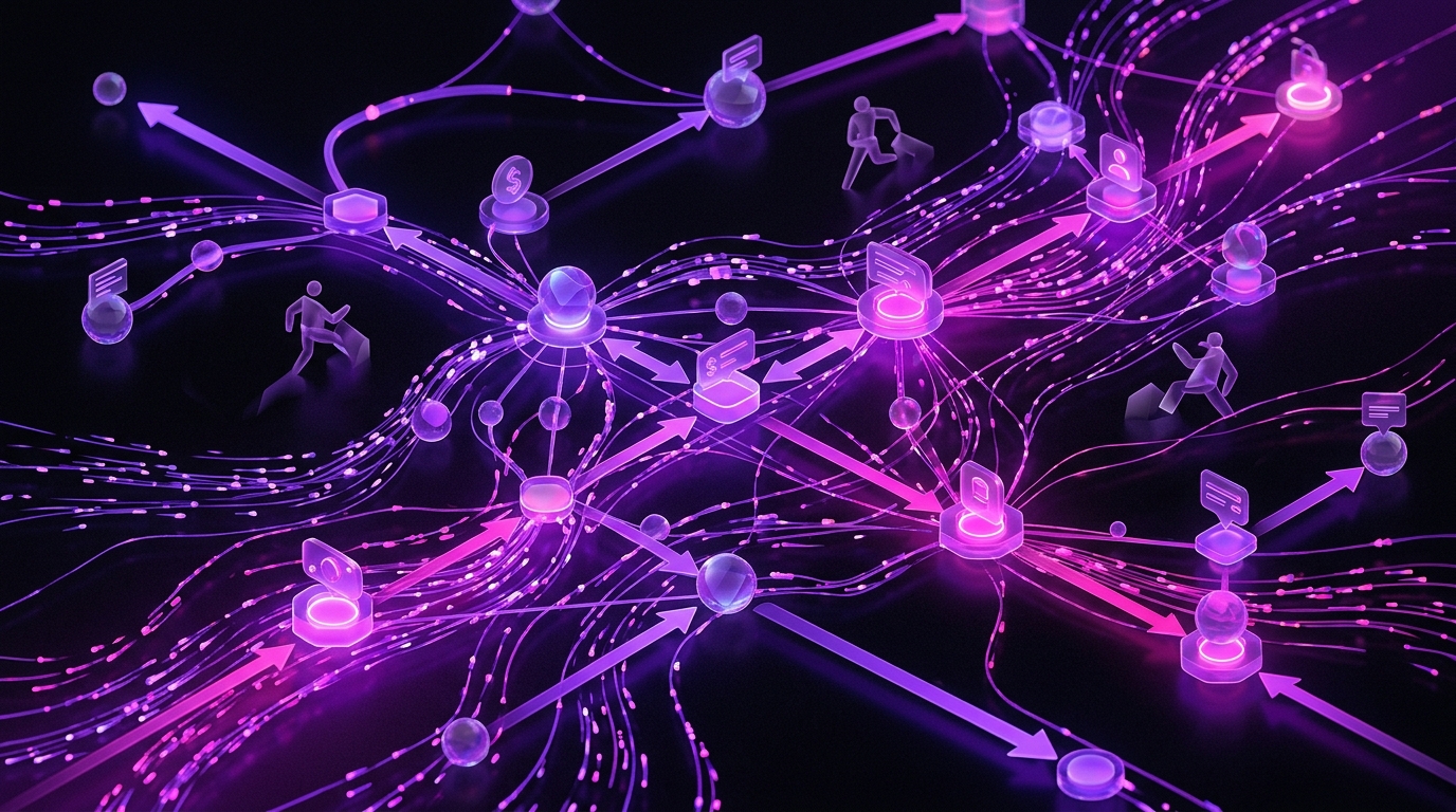 Abstract neon network graphic of connected nodes and flowing purple data streams for "The TikTok Shop Gold Rush: Why Brands Can't Afford to Wait"