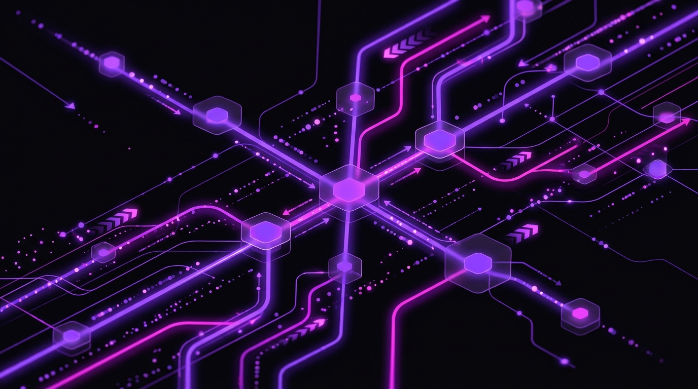 Abstract neon network graphic of connected nodes and flowing purple data streams for "The MomentIQ Difference: Why Our AI Outperforms In-House & Generic Agencies"