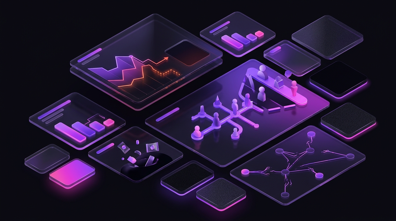 Dark isometric dashboard illustration with glowing purple charts and metric tiles for "Why Traditional TikTok Shop Creator Sourcing Fails (And Costs You Sales)"