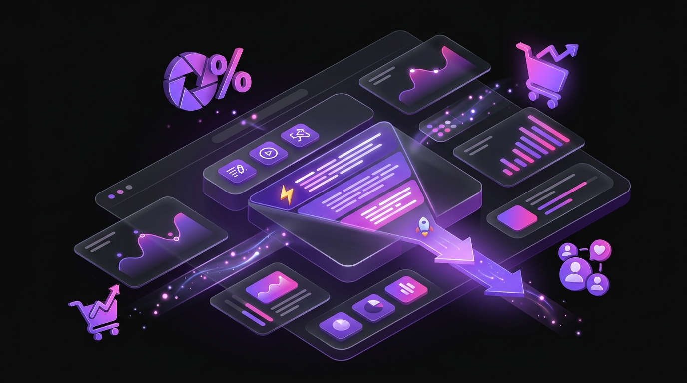 Dark isometric dashboard illustration with glowing purple charts and metric tiles for "Crafting High-Converting AI-Generated Viral TikTok Shop Video Scripts: A Strategic Playbook"