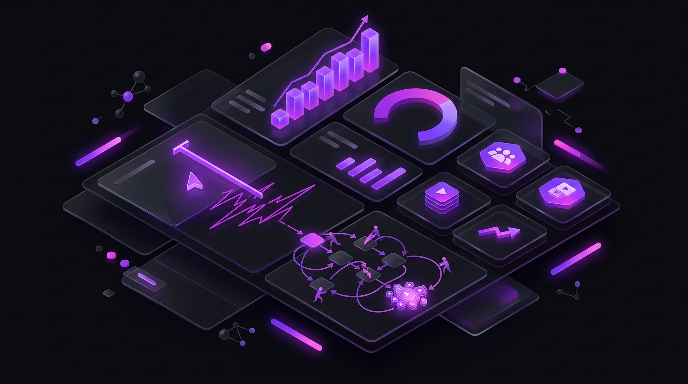 Dark isometric dashboard illustration with glowing purple charts and metric tiles for "The TikTok Shop Content Conundrum: Why Manual Scripting Fails at Scale"