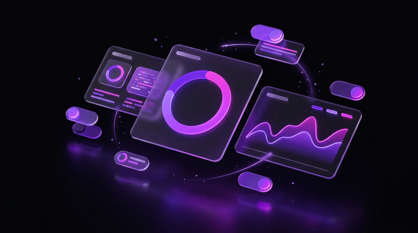 Dark 3D scene of floating holographic interface cards lit in violet neon for "How Do You Calculate and Increase TikTok Shop Sales?"