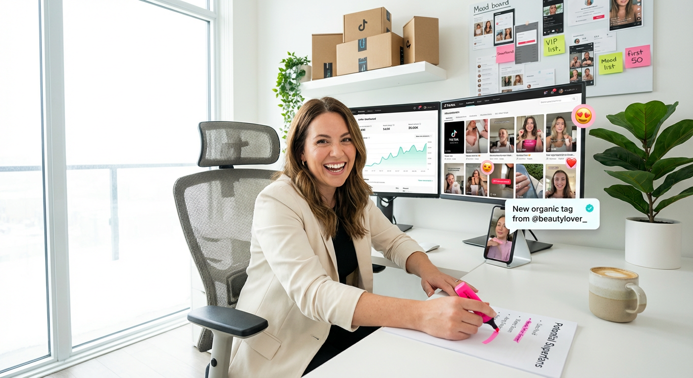 Brand manager excitedly identifying TikTok Shop superfans from customer data and organic user-generated content