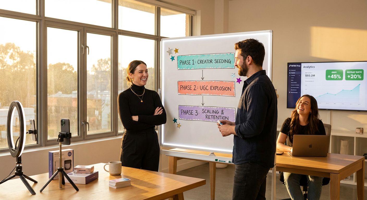 Brand team confidently planning TikTok Shop 90-day growth strategy on whiteboard with analytics dashboard showing upward revenue