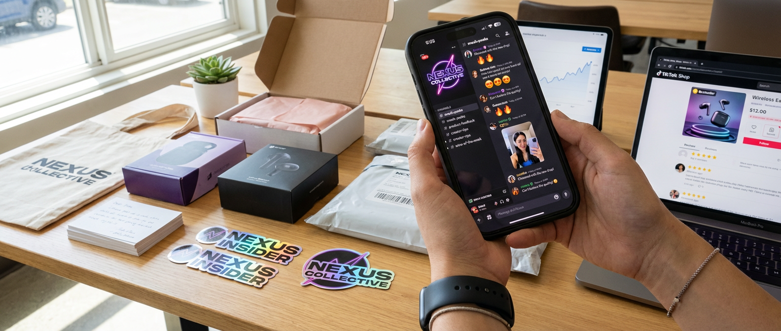 Phone showing active TikTok Shop brand community Discord server with enthusiastic member engagement and exclusive product previews
