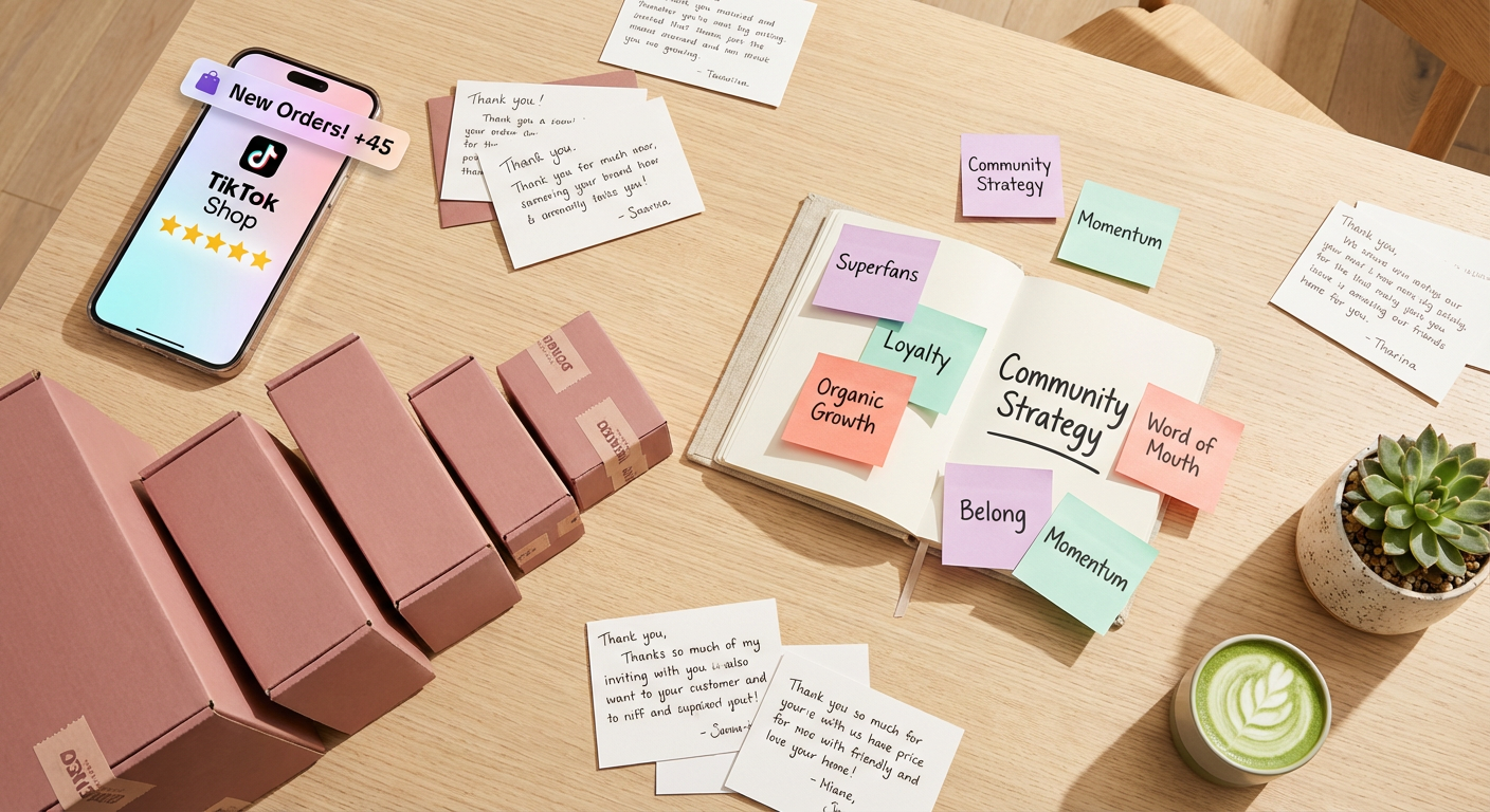 TikTok Shop community strategy flat lay with branded products phone showing five-star reviews and growth notes