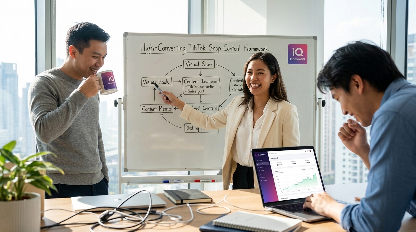 Marketing team collaborating on a high-converting TikTok Shop content strategy framework on a whiteboard.