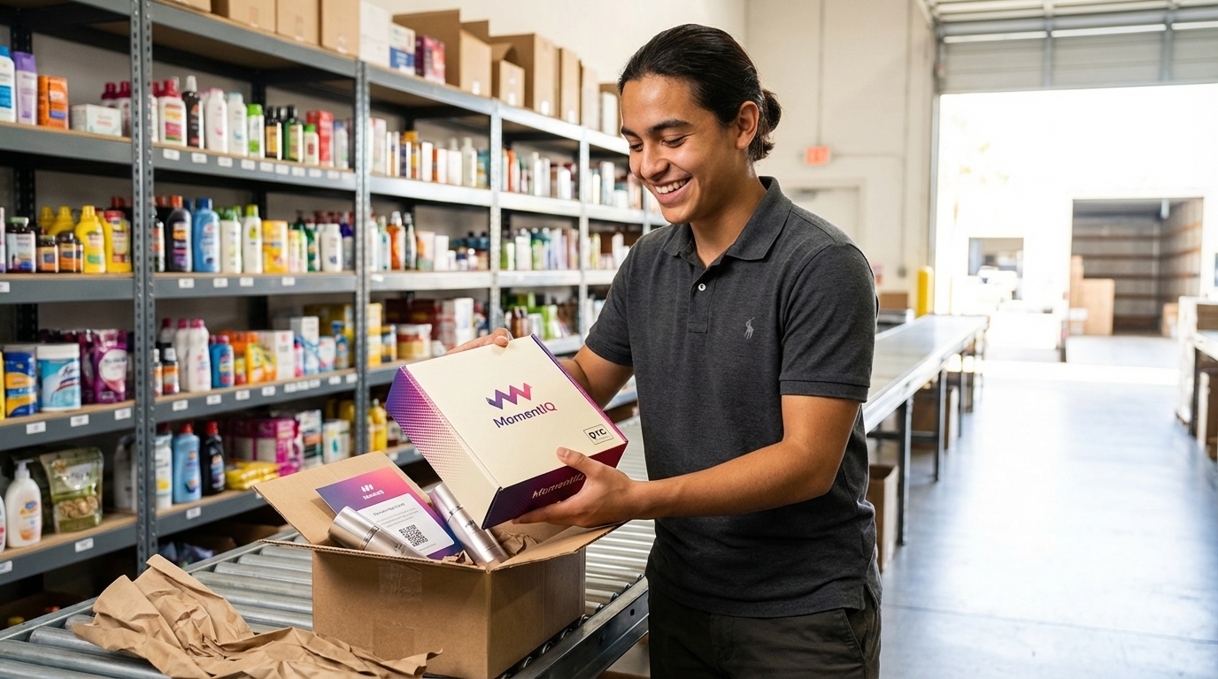 Warehouse worker preparing a branded TikTok Shop product seeding package for shipment.