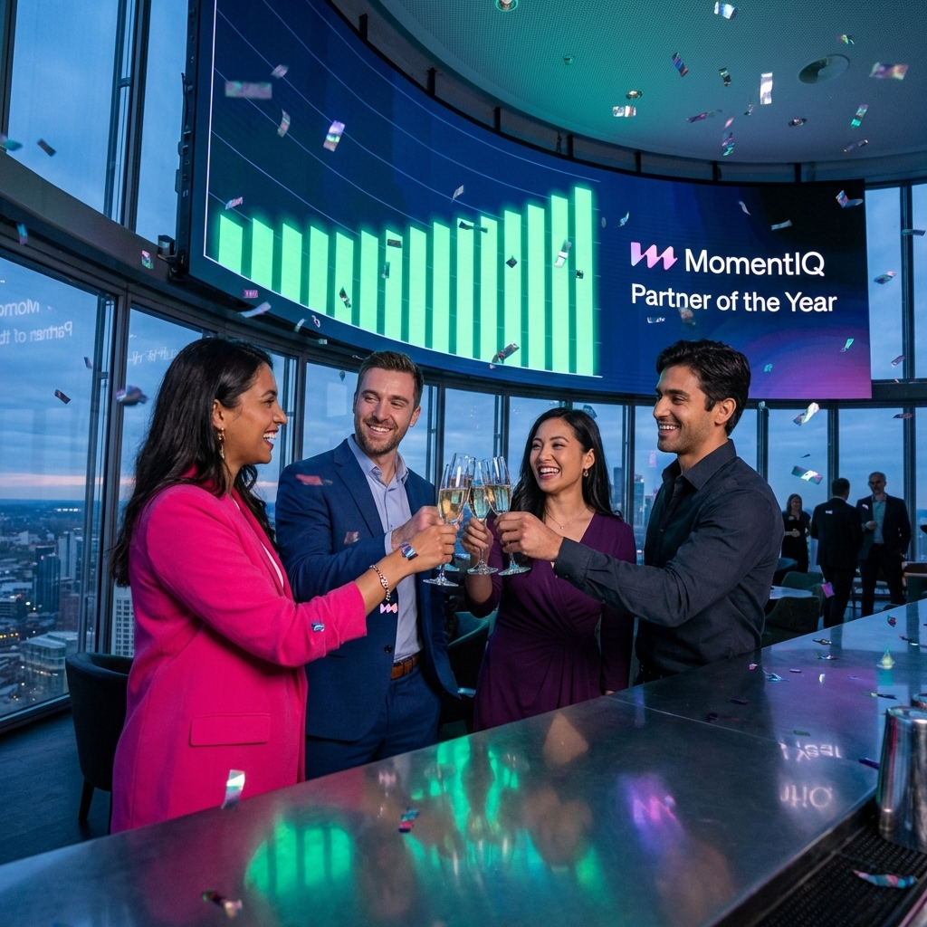 Entrepreneurs and MomentIQ strategists celebrating 'Partner of the Year' and TikTok Shop success with sparkling cider.