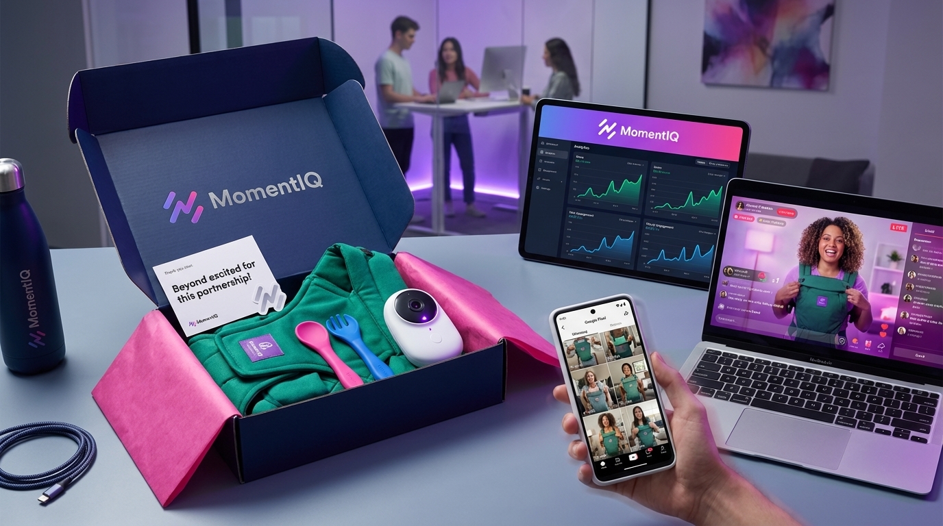 Flat lay of a product seeding package for a baby brand, with a phone showing a parent creator unboxing video.