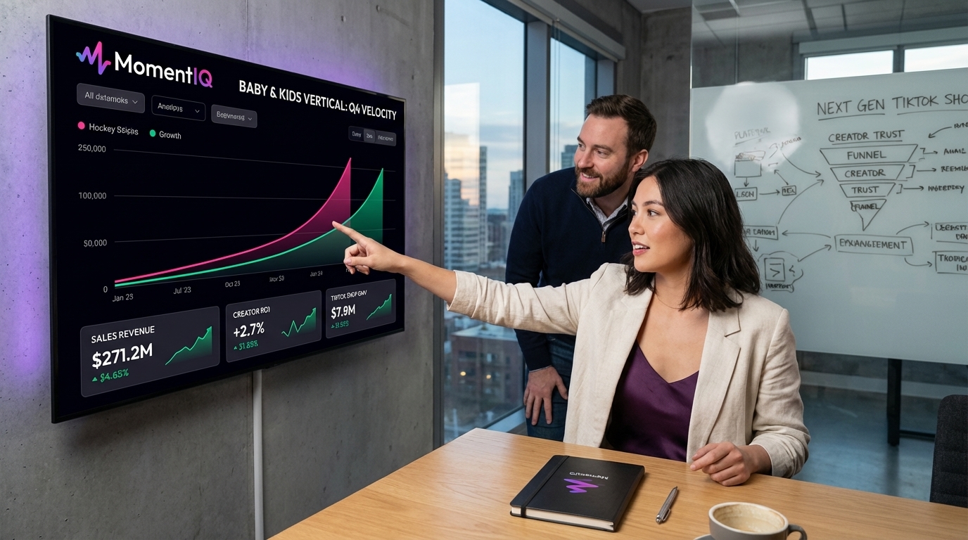 MomentIQ strategists celebrating a dramatic TikTok Shop growth curve in a modern war room.