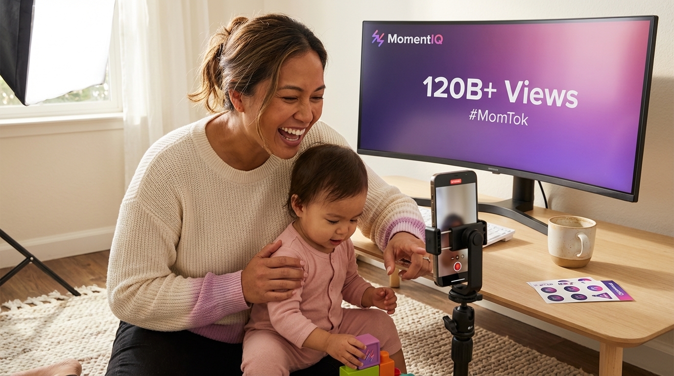 Parent creator filming a joyful TikTok video with their toddler, showing '120B+ Views' on a monitor for #MomTok.