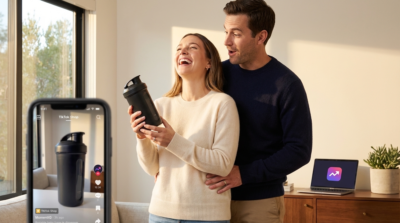 Parents joyfully discovering a clever baby gadget on TikTok Shop, expressing surprise and delight.
