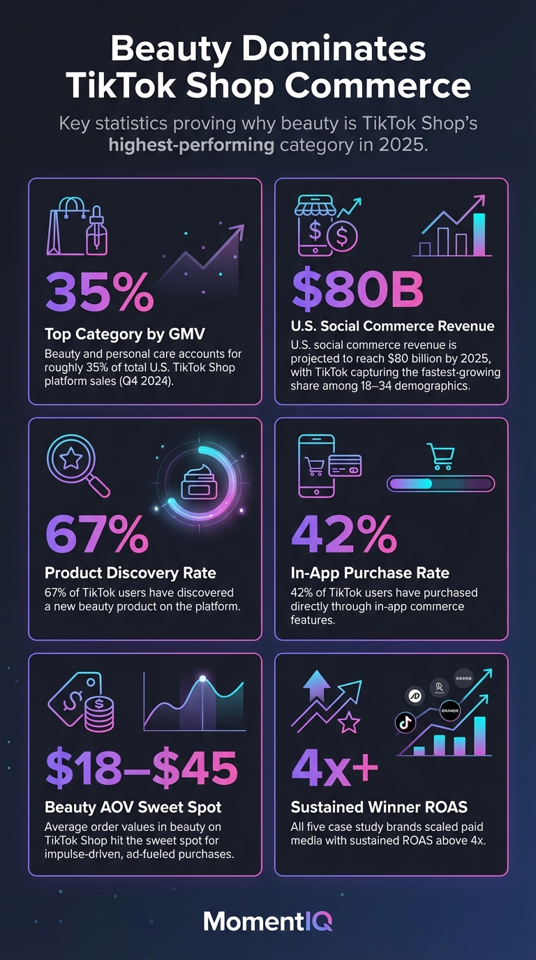 Infographic overview of how beauty brands crush TikTok Shop ads with 5 paid media case study highlights and key