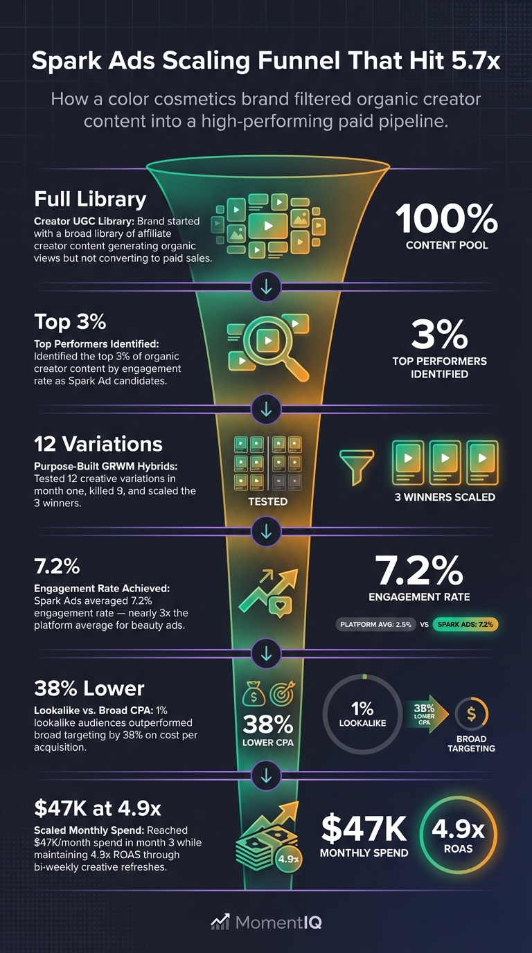 Funnel infographic showing how a color cosmetics brand filtered organic creator UGC through identification of top 3