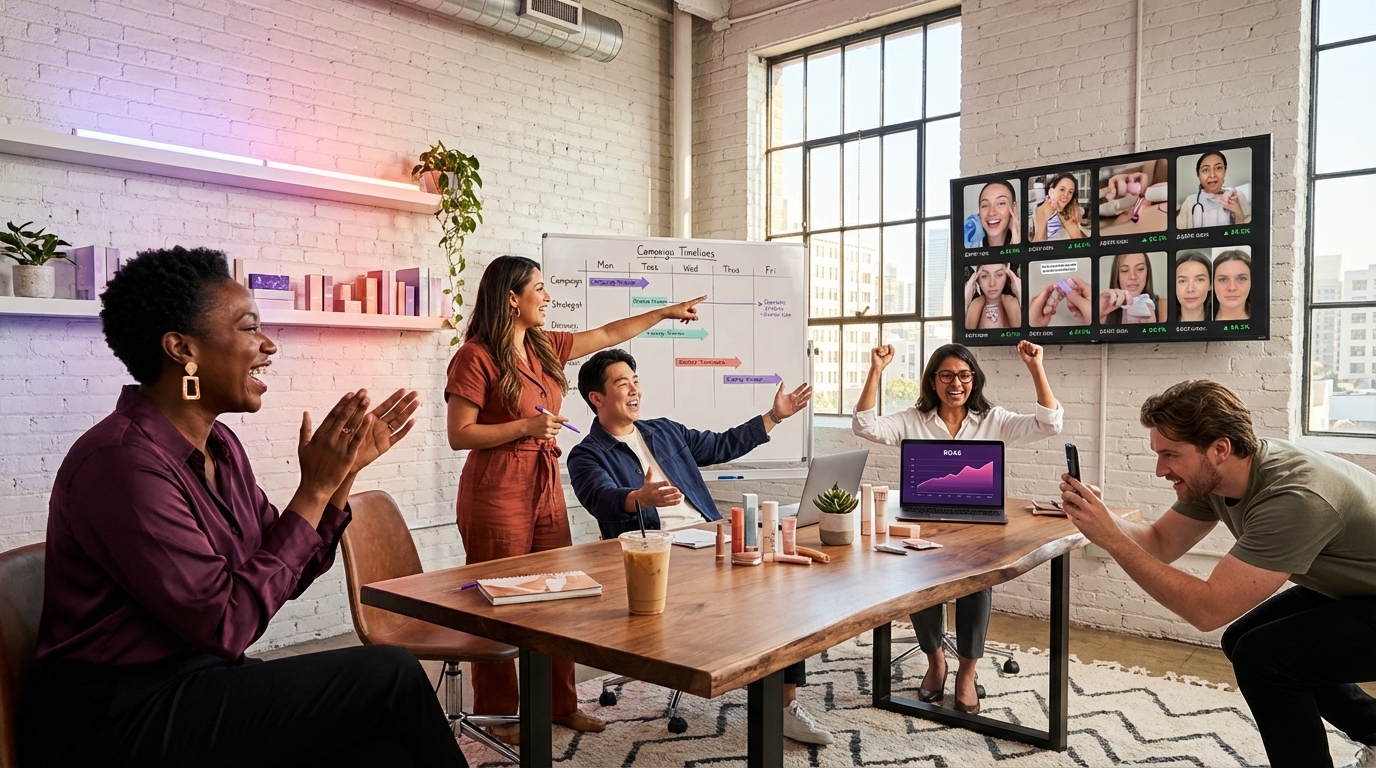 Beauty brand creative team reviewing top-performing TikTok Shop ad content in bright modern workspace