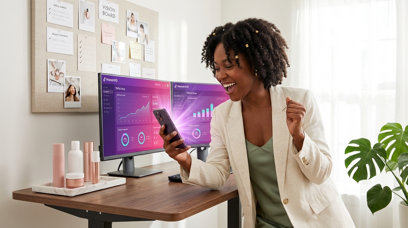 Beauty entrepreneur proudly viewing trending product notification on TikTok Shop in bright home office