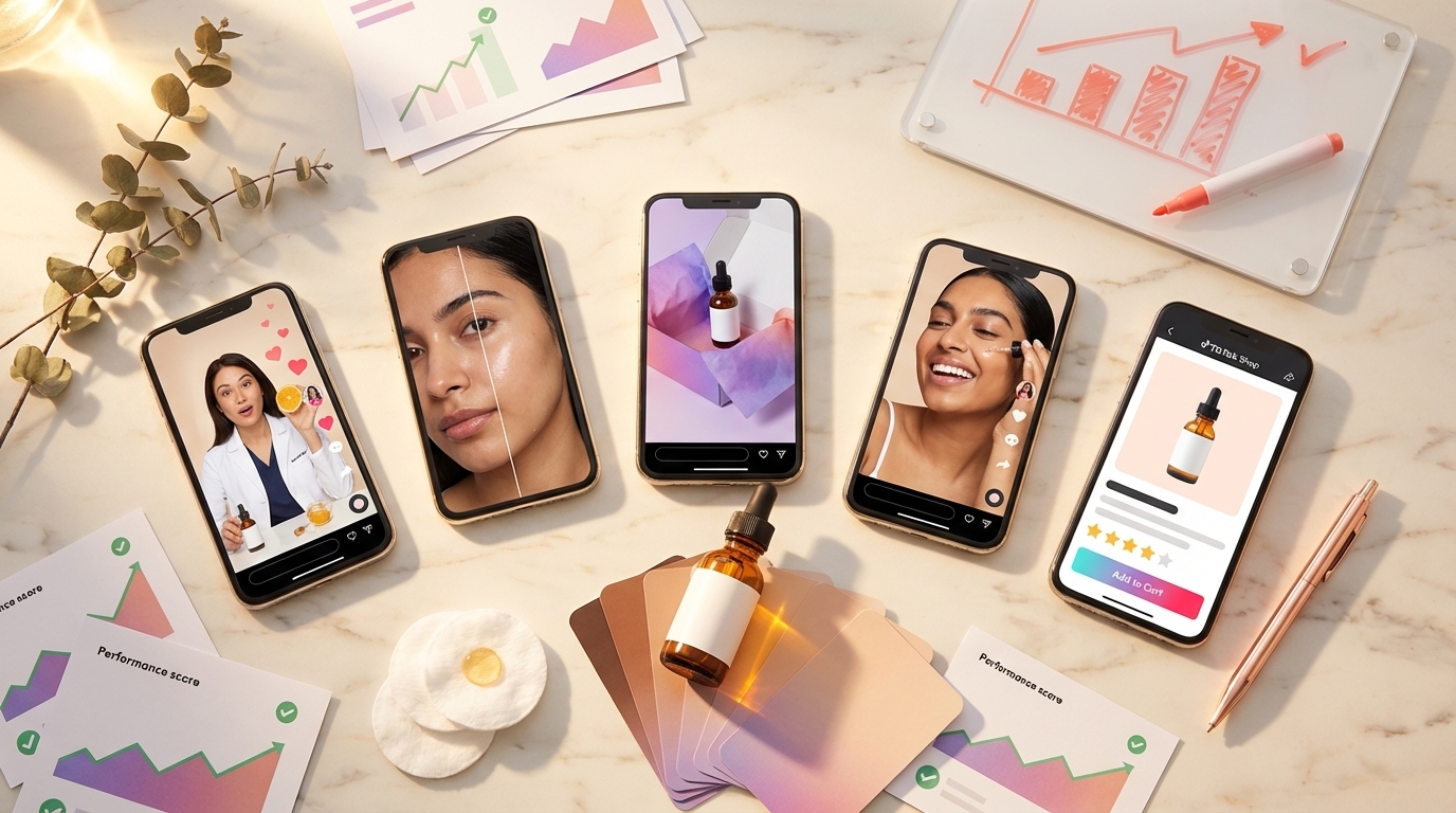 Flat lay of multiple TikTok Shop ad creative variations for beauty brand with performance results and products