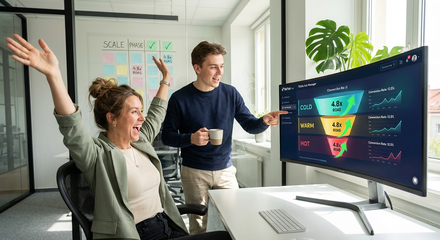 Analytics team celebrating strong TikTok Shop watch-through curve metrics on large dashboard display in modern agency office