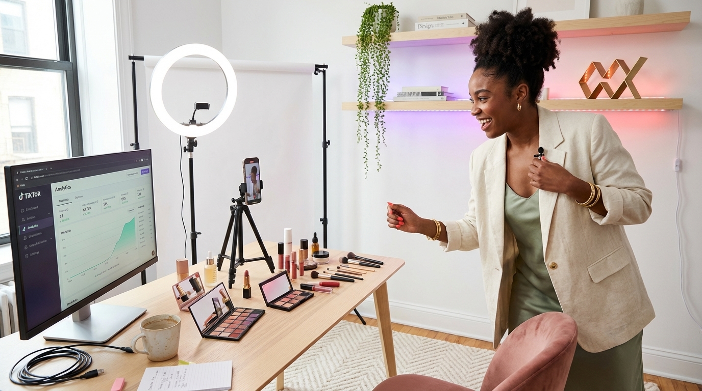 Professional beauty creator studio setup with ring light phone tripod and color cosmetics ready for TikTok Shop content