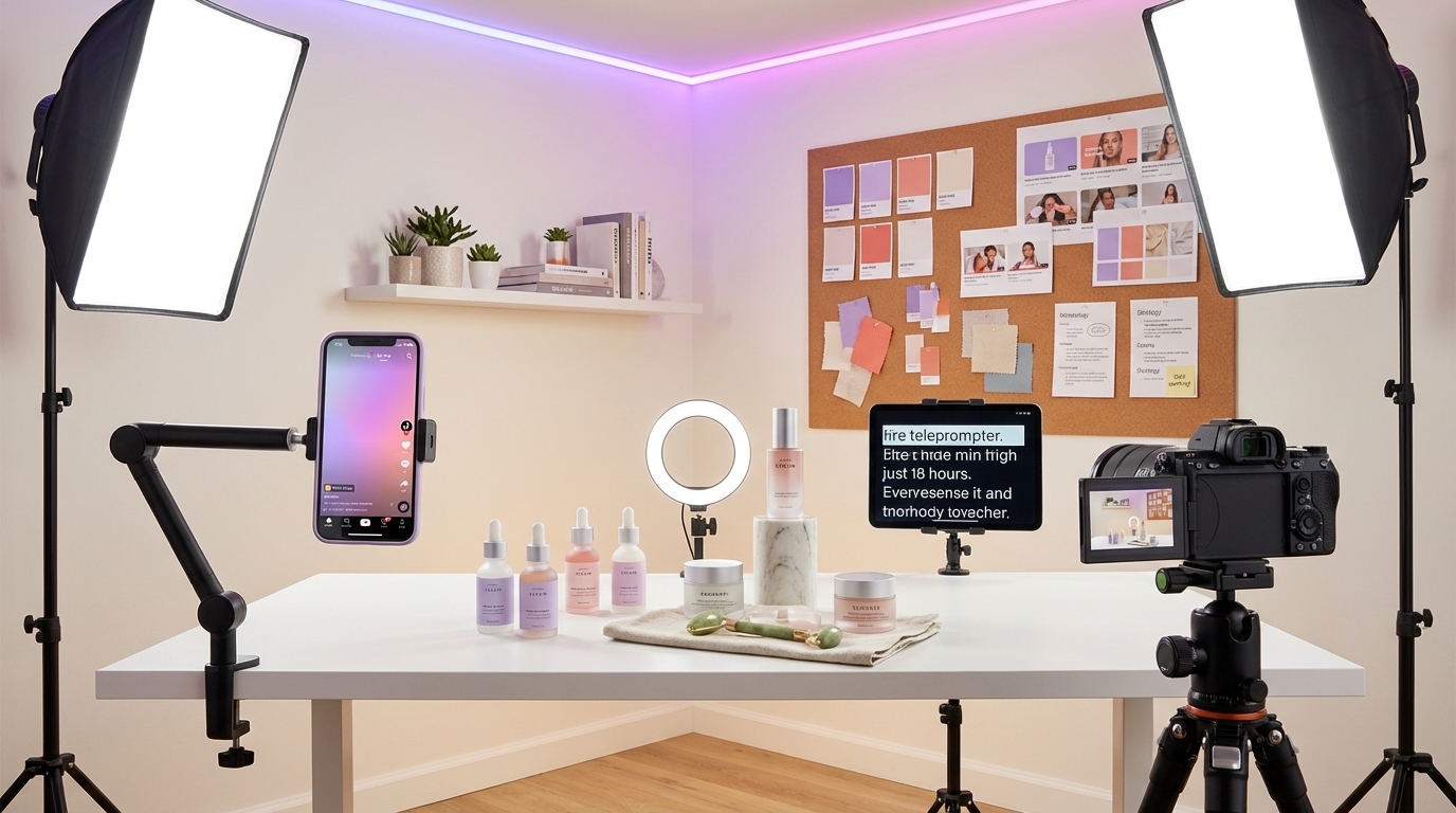 Professional TikTok Shop beauty content creation studio with cameras lights teleprompter and curated product display