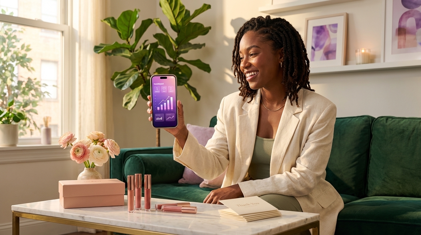 Successful DTC beauty founder confidently displaying TikTok Shop 500K monthly GMV achievement