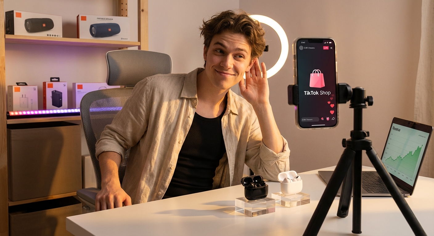 Content creator confidently hosting TikTok Shop blind sound test comparison in professional studio setup with wireless earbuds
