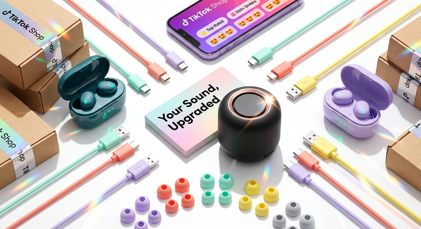 Flat lay of wireless audio products and TikTok Shop branded packaging ready for live selling launch
