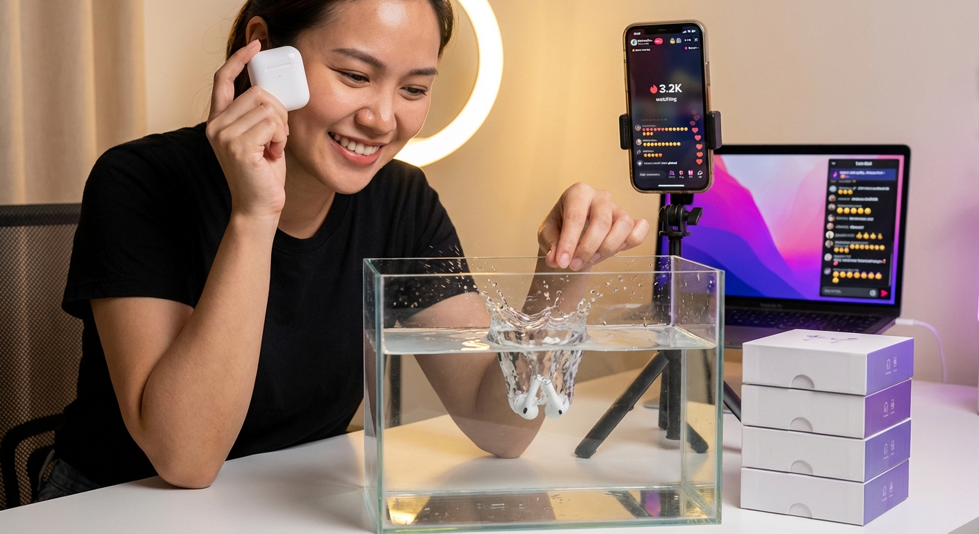 TikTok Shop live host performing exciting waterproof electronics durability demo with engaged viewer chat