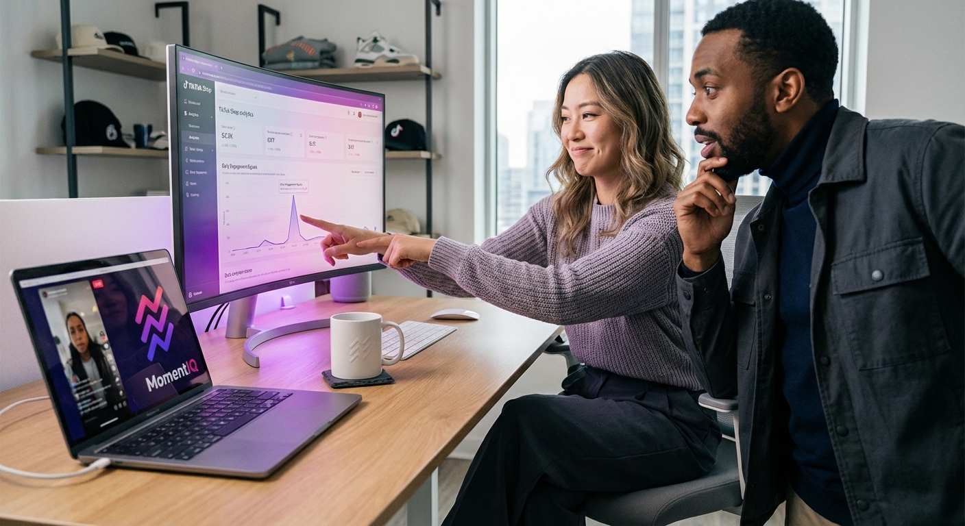Brand manager pointing at TikTok Shop analytics showing a spike in 'Early Engagement Signals' and 'Algorithm Favorability.'