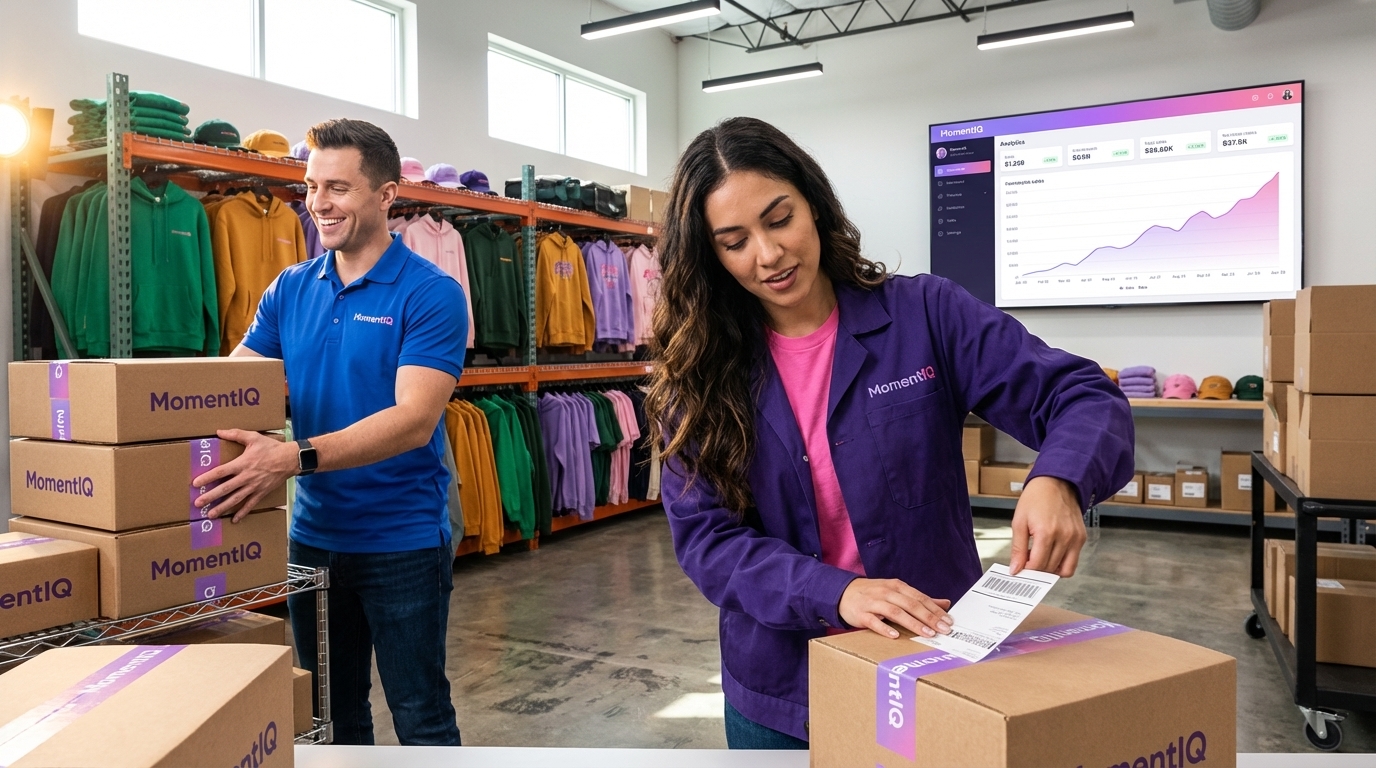 Cheerful fulfillment workers efficiently packing colorful streetwear orders from TikTok Shop in a vibrant warehouse.