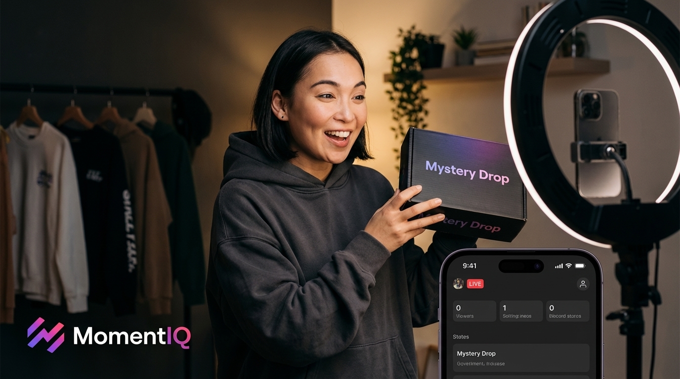 Creator with a mischievous grin holding a branded 'Mystery Drop' box during a TikTok Shop live stream.