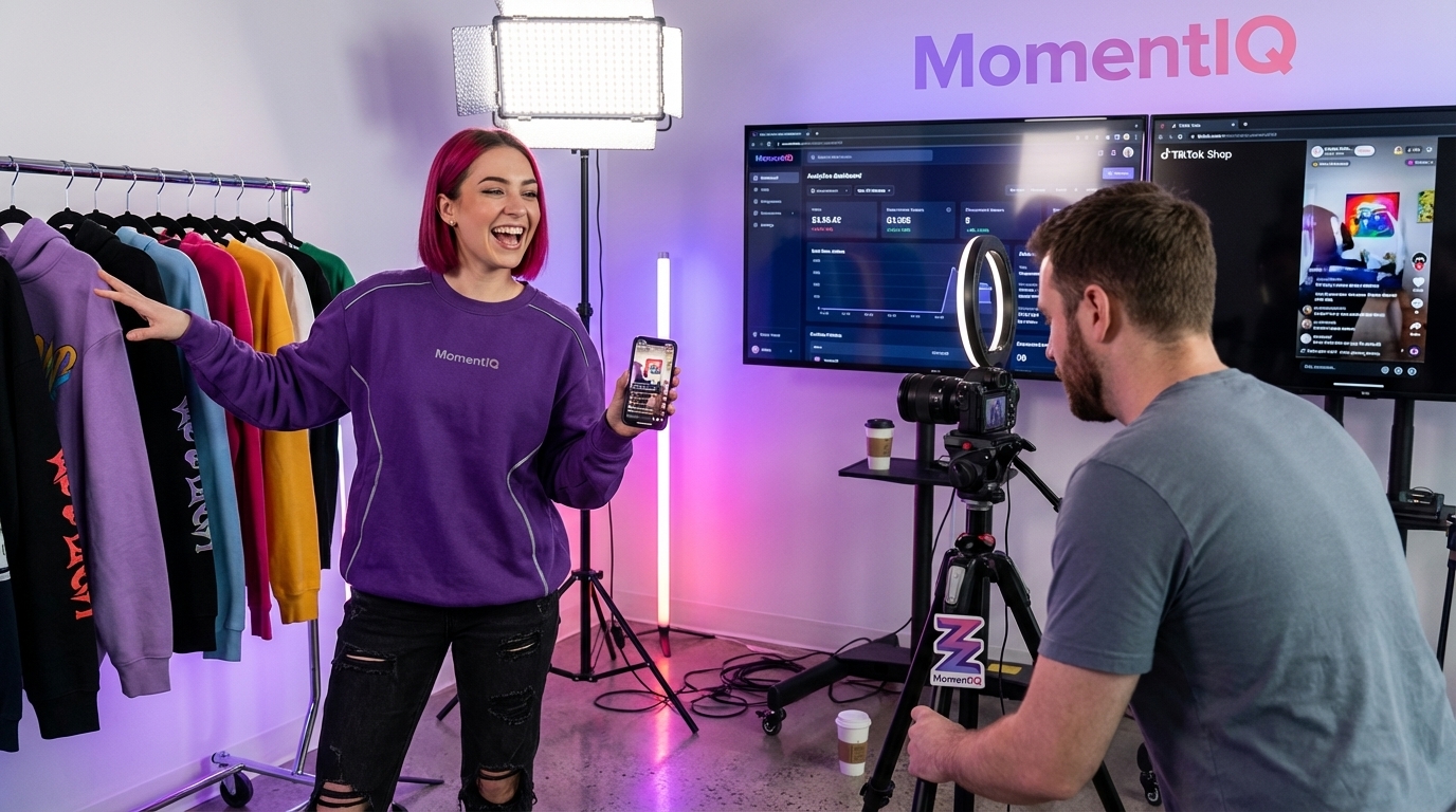 Dynamic TikTok Shop live stream showing a charismatic host, hundreds of viewers, and a flood of engaging chat comments.