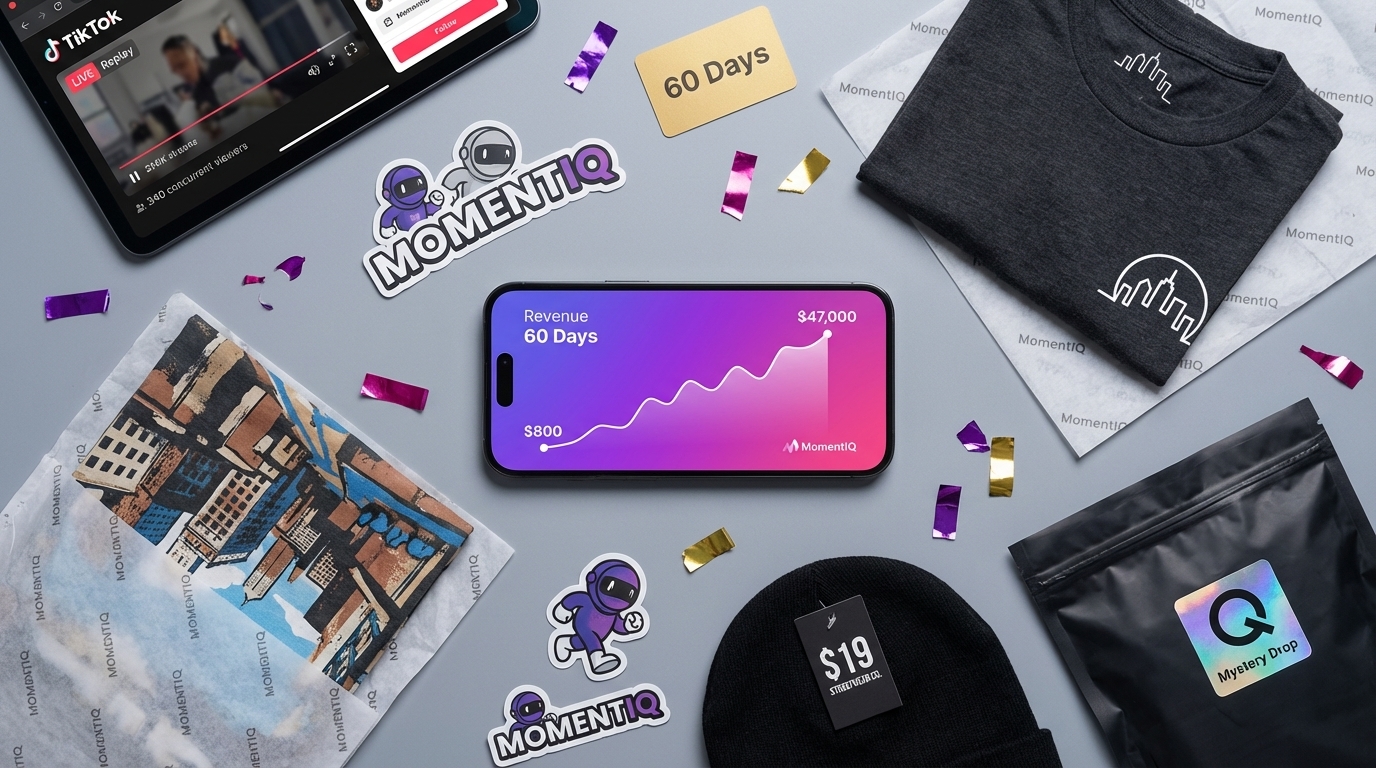 Flat lay showcasing TikTok Shop streetwear brand success with revenue dashboard phone screen surrounded by branded products and packaging