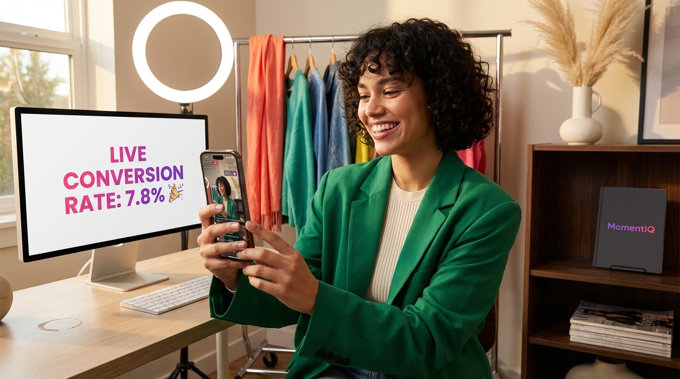 Dynamic shot of a hand tapping a TikTok Shop product pin during a live stream, surrounded by 'Added to Cart' notifications.