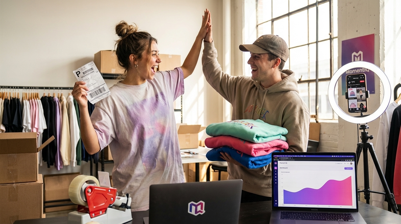 Two streetwear brand founders high-fiving after a successful TikTok Shop live stream, surrounded by their products