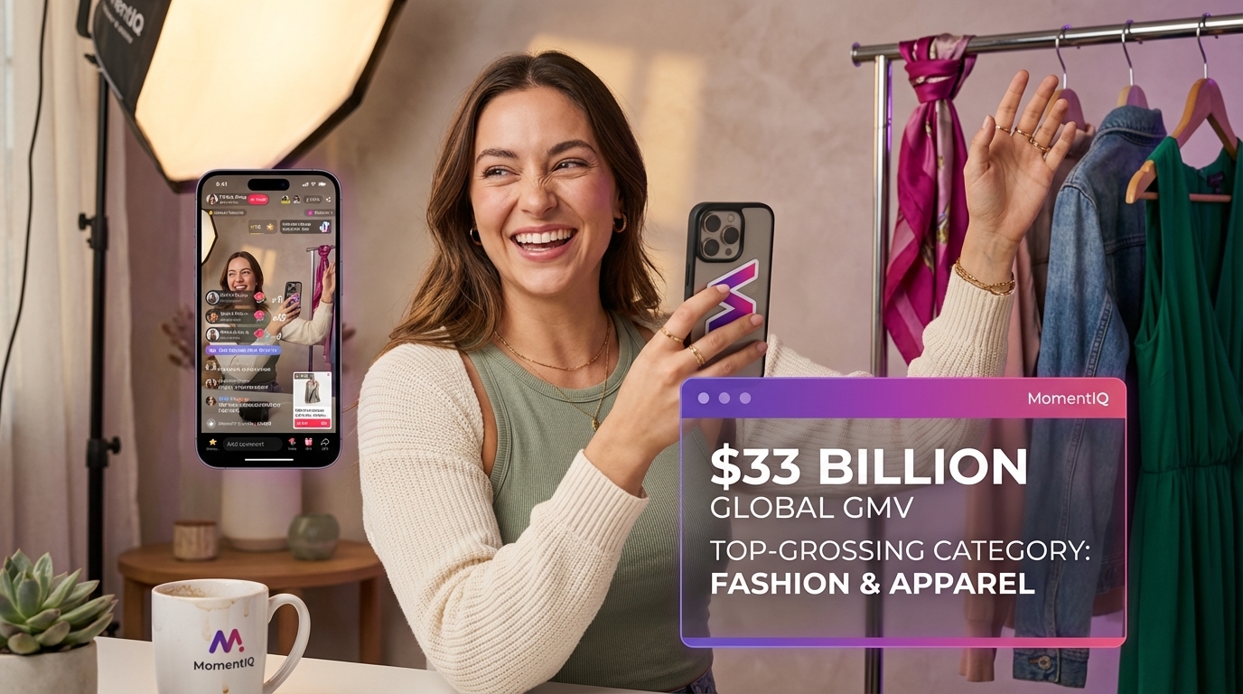 TikTok Shop live stream with charismatic host, chat messages, and an infographic showing $33 Billion global GMV.