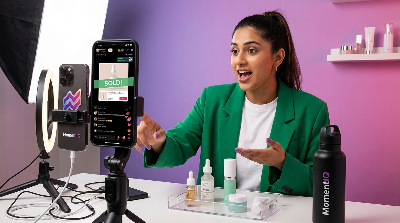 Beauty creator confidently presenting skincare product on TikTok Shop Live stream with sales notifications and heart emojis