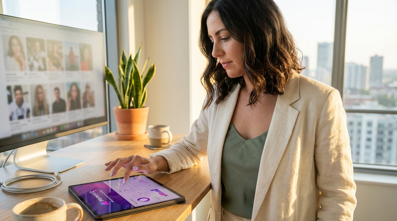 Brand strategist confidently using MomentIQ's precise TikTok Shop creator discovery platform.