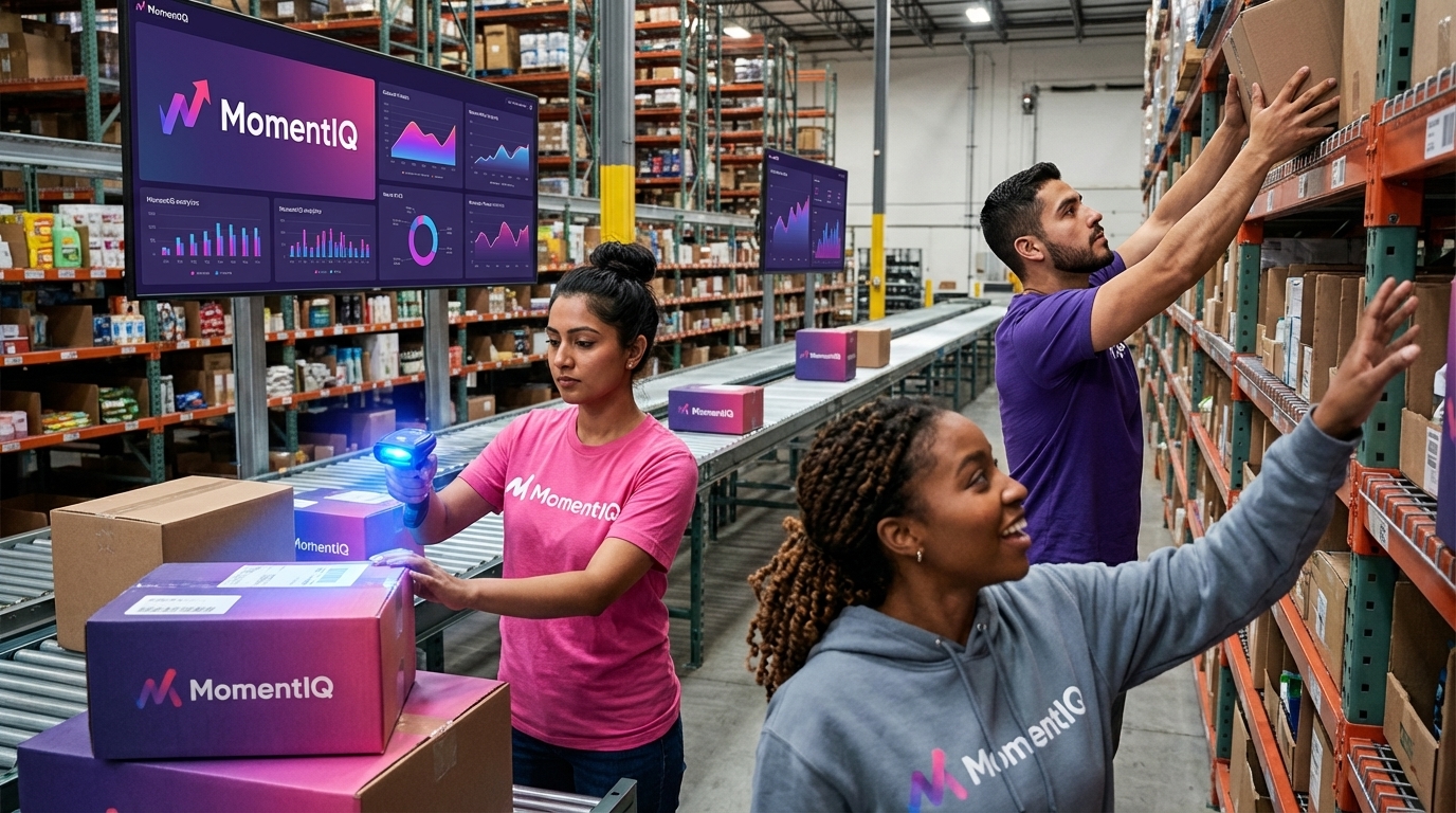 Bustling warehouse with organized, colorful TikTok Shop inventory and smiling workers packing orders.