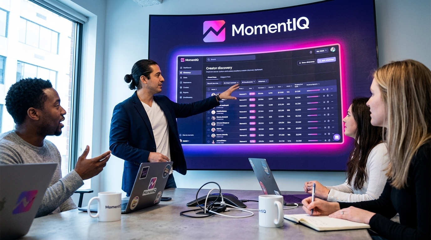 Confident brand manager showcasing MomentIQ's algorithmic TikTok Shop creator matching system on a large screen.