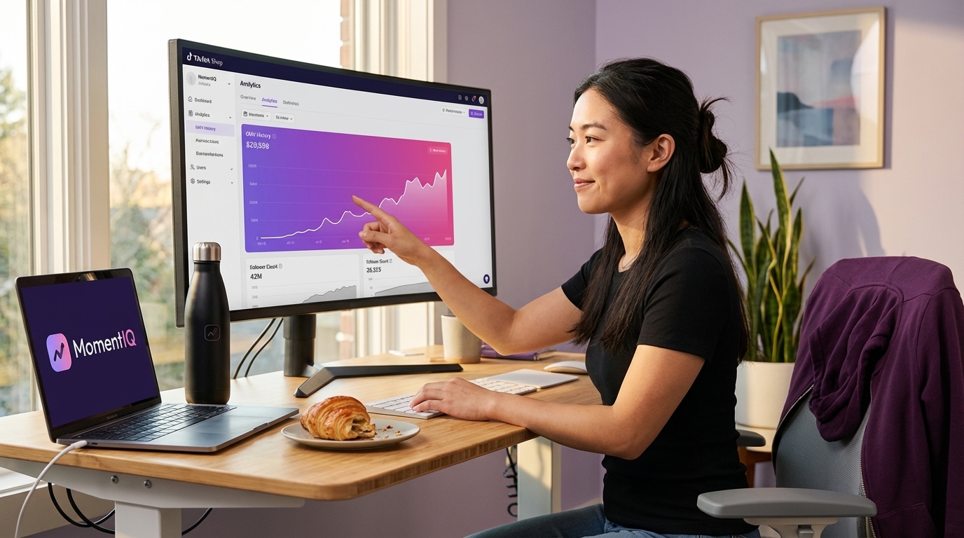 Data analyst highlighting GMV history on a TikTok Shop analytics dashboard, prioritizing sales performance.