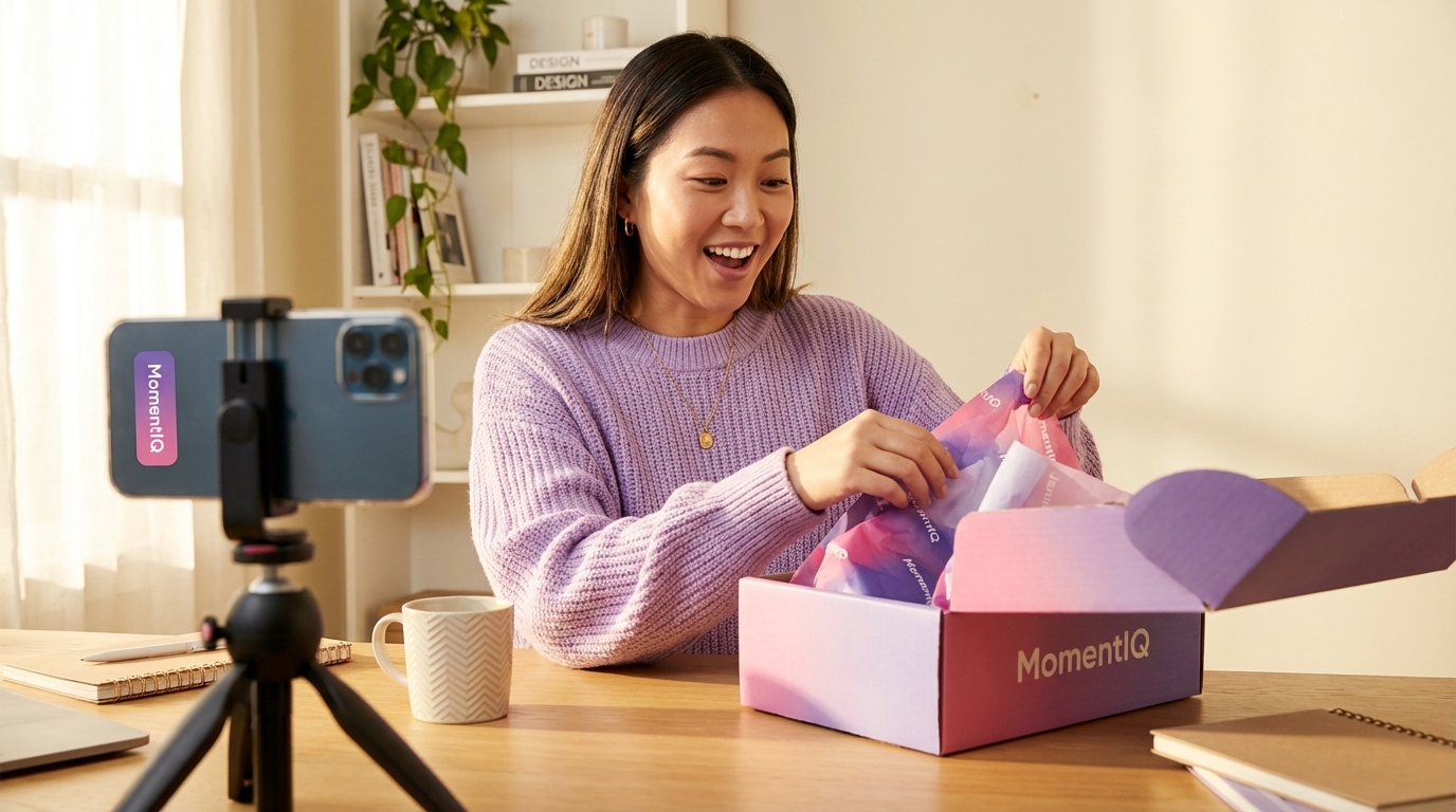 Excited creator dramatically unboxing a branded TikTok Shop shipping box, filming the reveal.