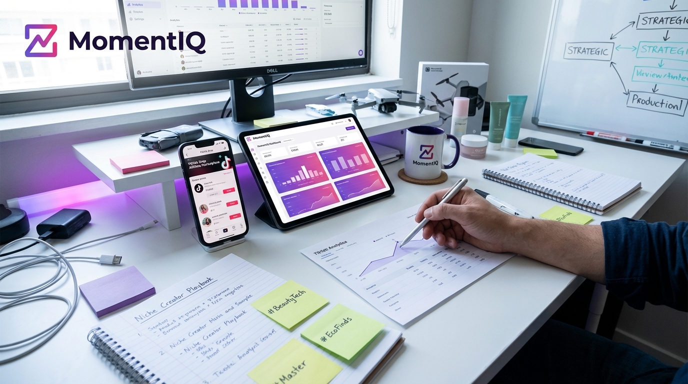 Flat lay of TikTok Shop creator discovery tools including phone with affiliate marketplace and organized niche research notes