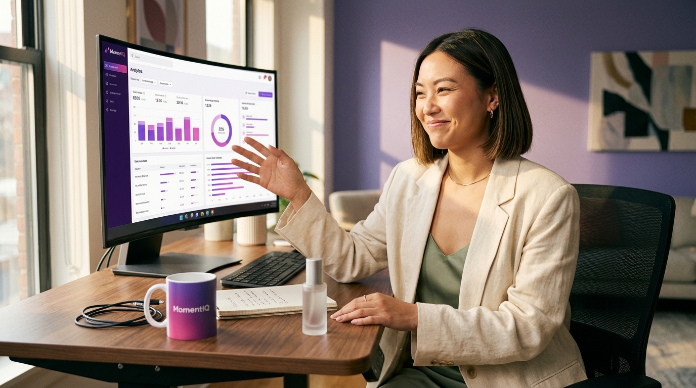 Marketing manager reviewing MomentIQ dashboard with category-specific TikTok Shop creator data for beauty products.
