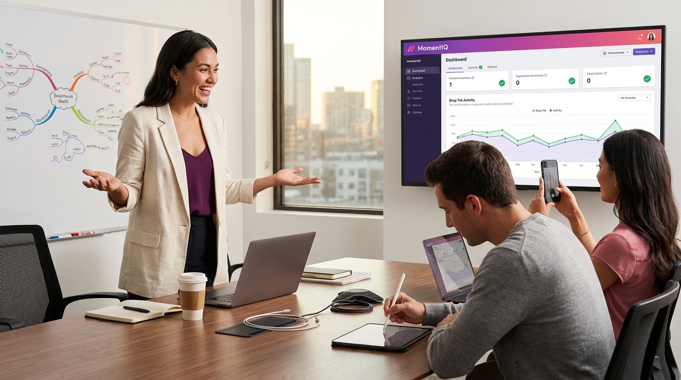 Marketing team analyzing TikTok Shop creator discovery framework metrics on large screen in strategy war room
