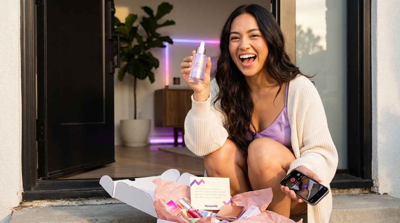 TikTok Shop creator excitedly unboxing beauty product seeding package with branded packaging and colorful skincare items