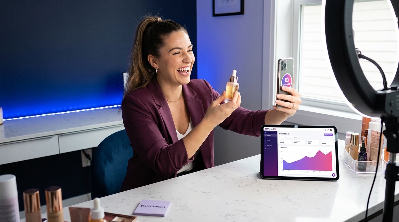 Vibrant beauty creator filming a successful TikTok Shop product review with ring light and beauty products.