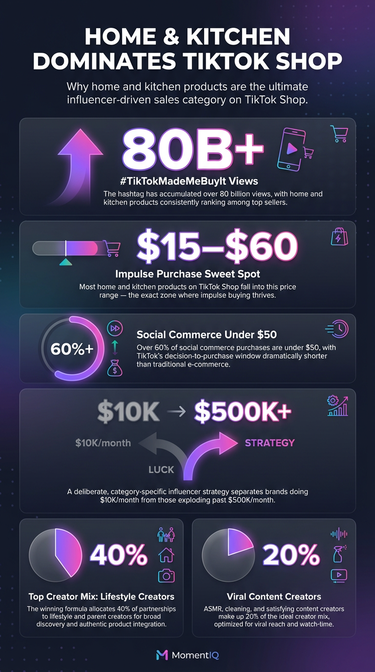 for home and kitchen brands including 80 billion hashtag views, $15 to $60 impulse purchase sweet spot, 60 percent of social commerce purchases under $50, revenue growth from $10K to $500K per month, and the ideal influencer creator mix percentages.